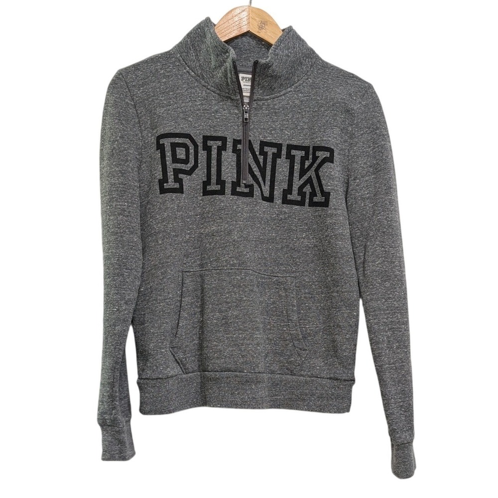 PINK Victoria's Secret Quarter Zip Pullover Grey Heathered Logo Fleece -‎ Small - Picture 2 of 5
